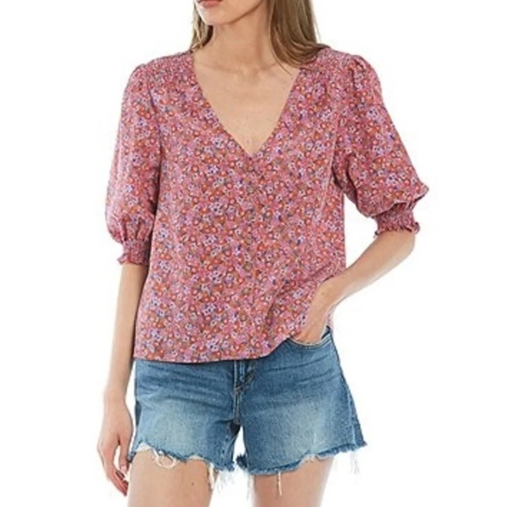 Sanctuary It’s A Must Smocked Puff Sleeve Blouse Pink Meadow Ditsy Floral Large